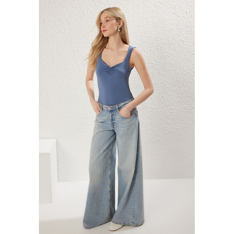 Women's Blue Plain Sleeveless Slim Bodysuit