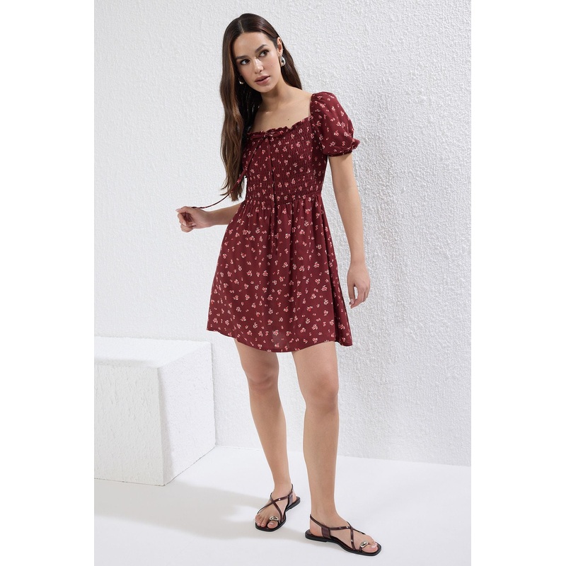 Women's Burgundy Flowering Mini Short Casual/daily Regular Dress