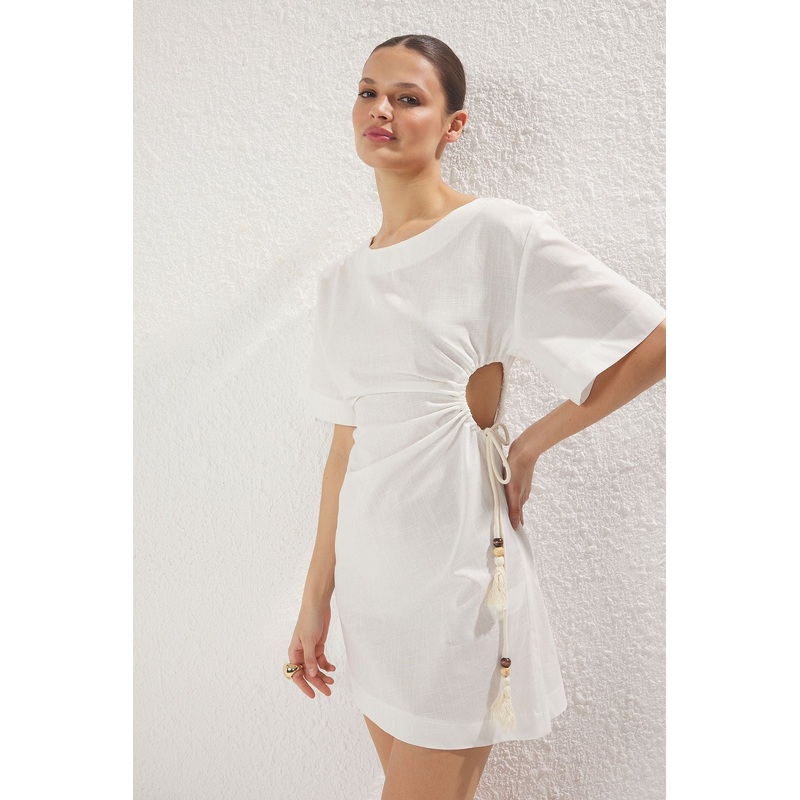 Women's Ecru Straight Mini Short Beachwear Fitted Dress