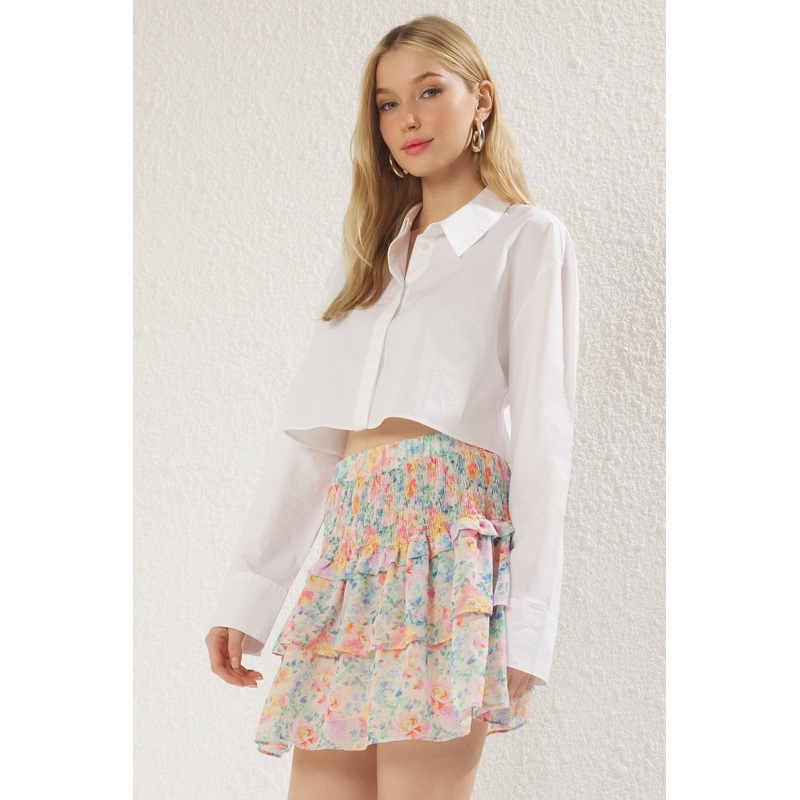Women's Geblmt Mini Ruffle Hem Skirt