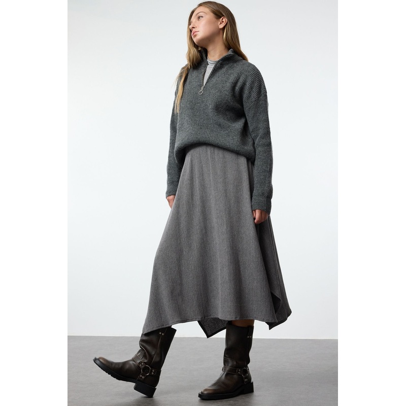 Women's Grey Straight Midi A-Line Slim Skirt