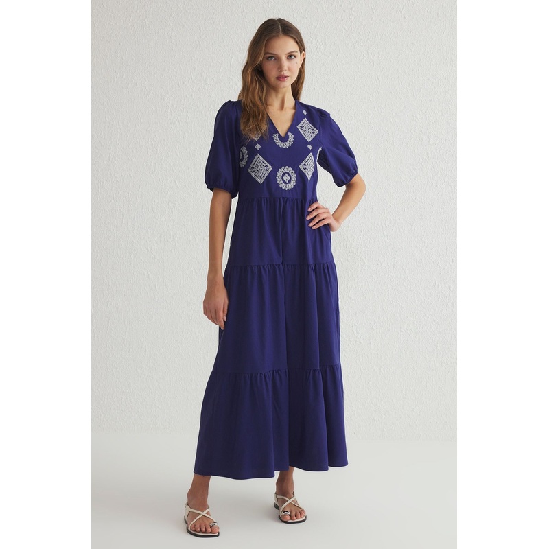 Women's Navy Blue Plain Maxi Short Casual Regular Dress