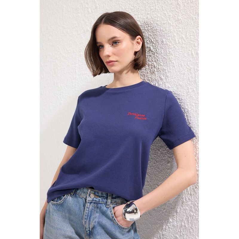 Women's Navy Blue Slogan Short Regular T-Shirt