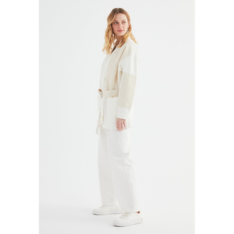 Belted Color Block Oversize Denim Jacket Twoss21Ce0186