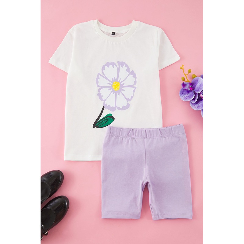 kds Girls Ecru Printed Short Casual/daily Regular Two Piece Sets