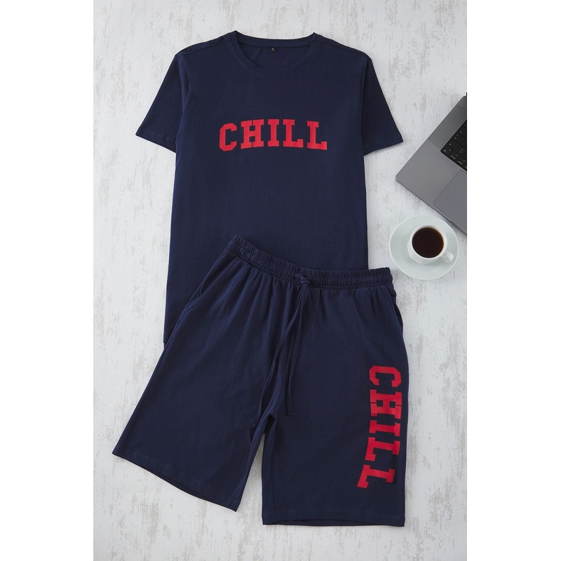 Man Men's Navy Blue Slogan Short Homewear Regular Pajama Set