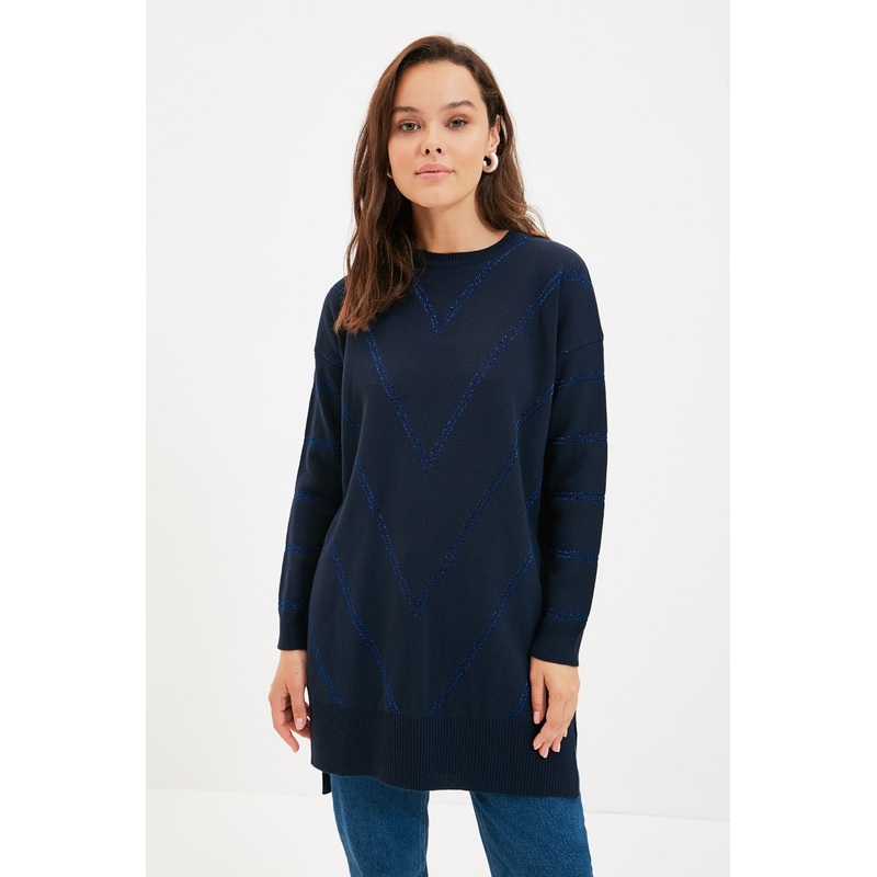 Modest Black Silvery Long Knitwear Sweater Tctaw22Ak0129