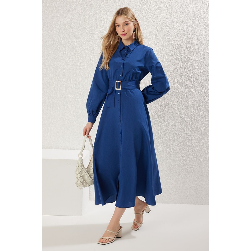 Modest Women's Blue Plain Long Long Business Fitted Modest Dresses