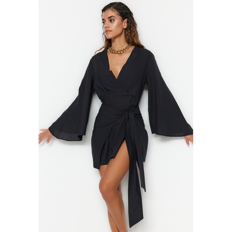 Tie Detailed Linen Look Beach Dress Tbess21El3208