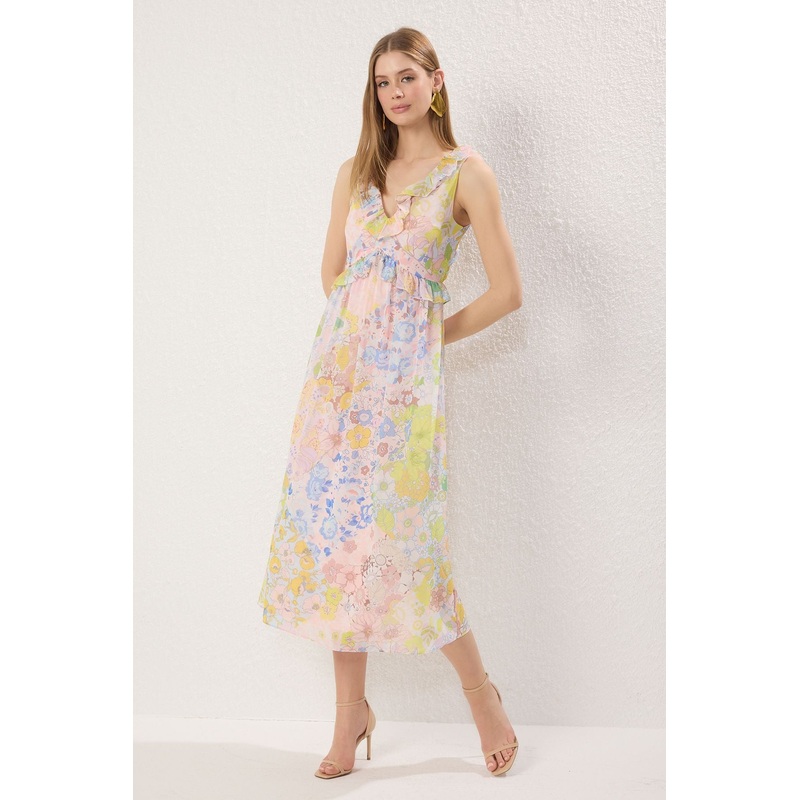 Women's Navy Blue Flowering Midi Sleeveless Day And Night Regular Dress