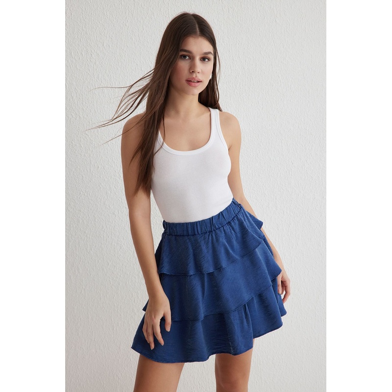 Women's Navy Blue Plain Mini Ruffle Hem Skirt