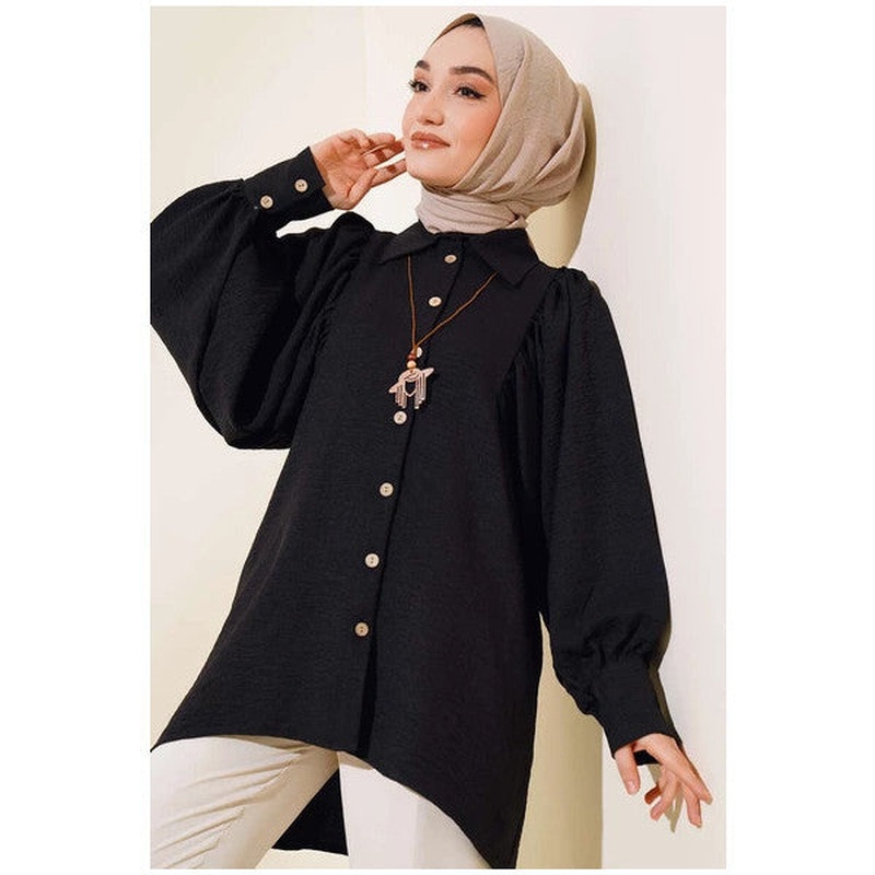 Balloon Sleeve Linen Shirt Black