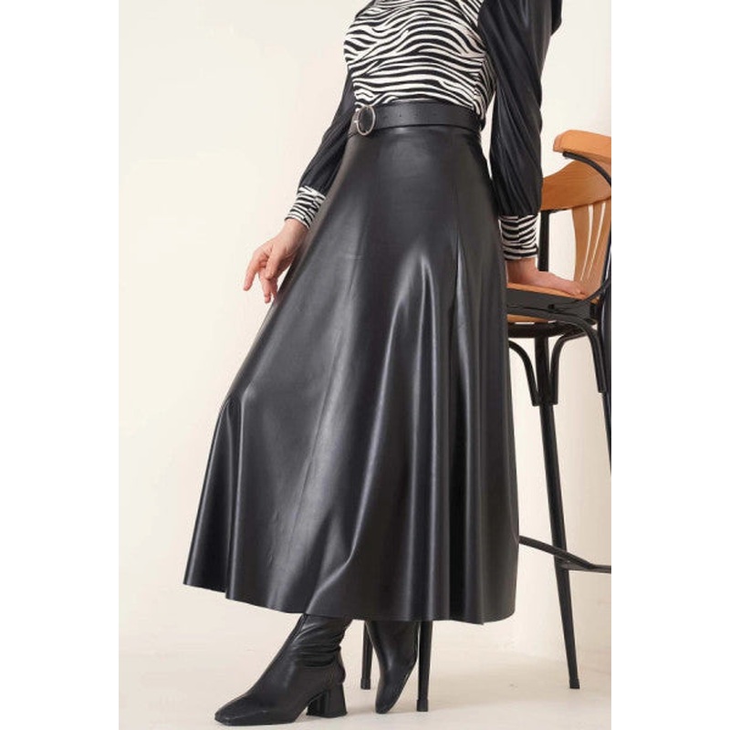 Flared Leather Skirt Black