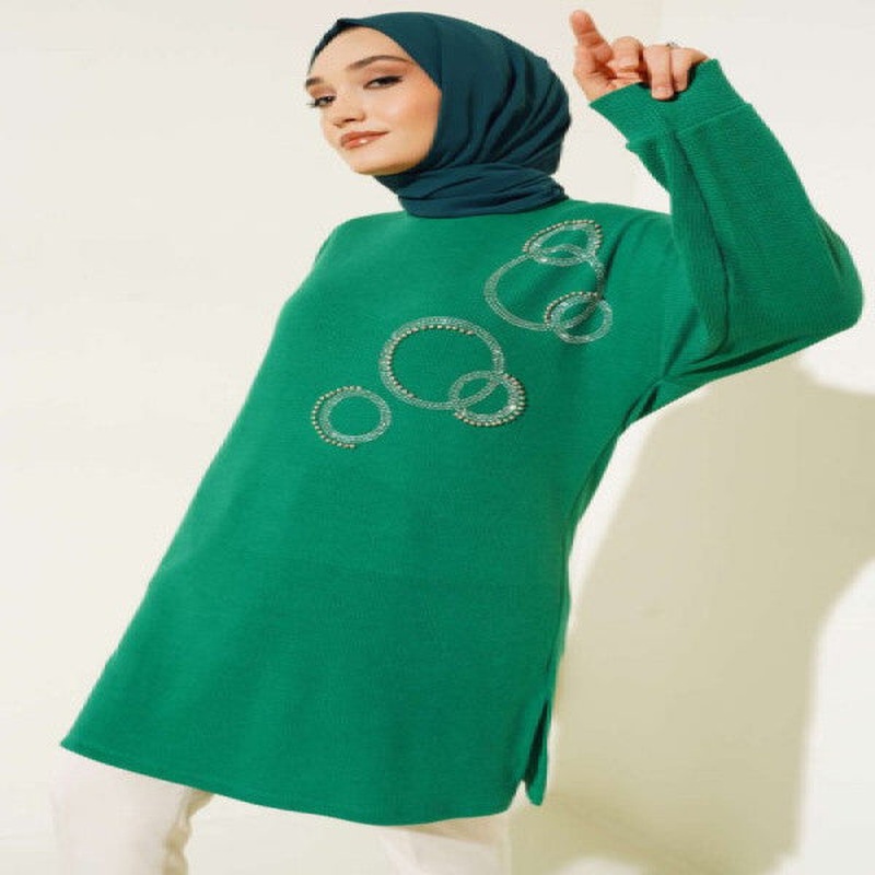 Round Shiny Stone Tunic Green