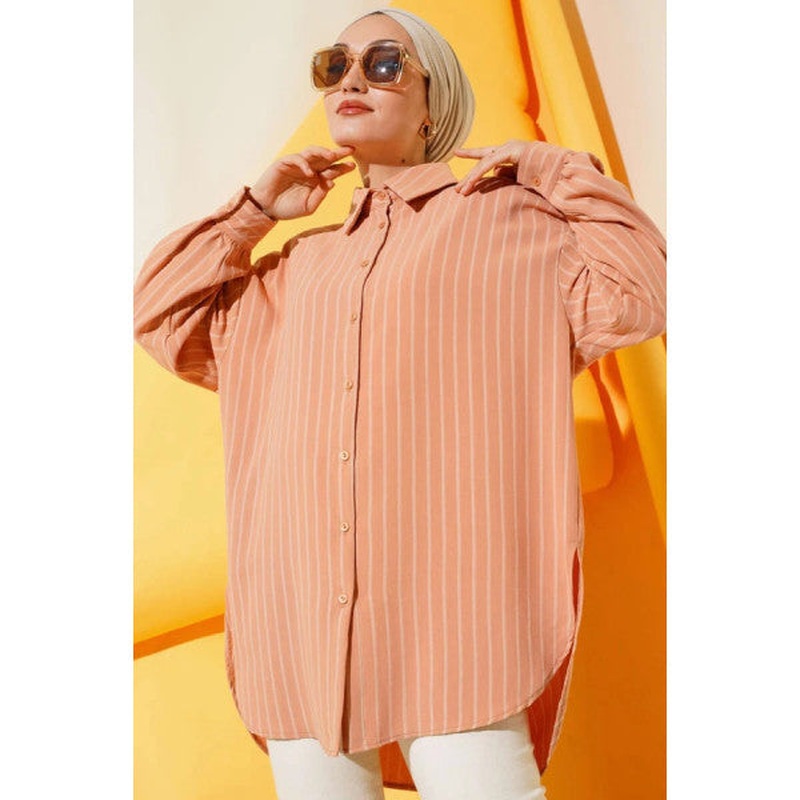 Straight Striped Casual Shirt Camel