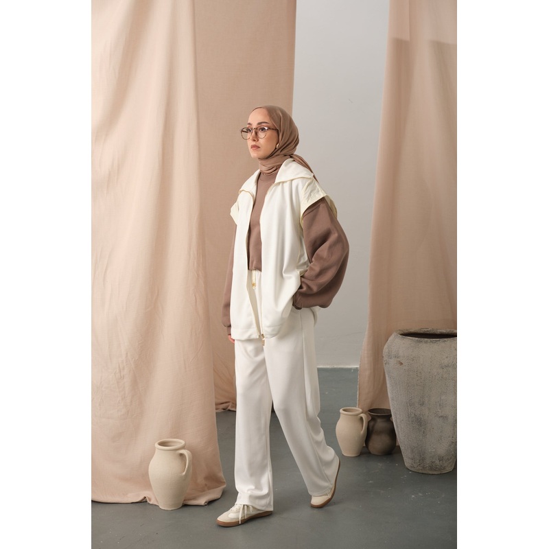 Trim Detail Vest Set  Ecru