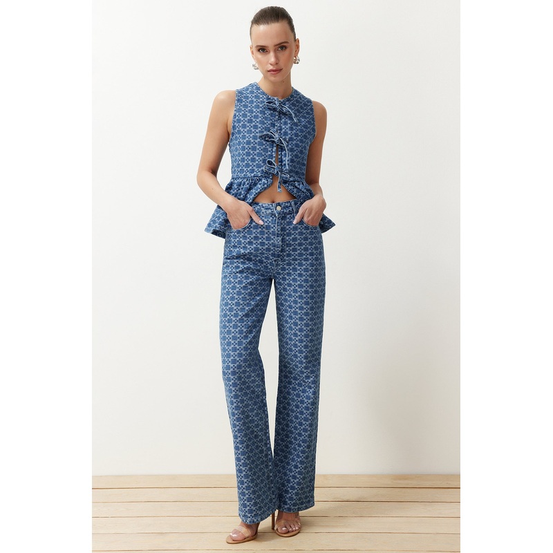 Women's Dark Blue Unifarben Wide Leg High Waist Jeans