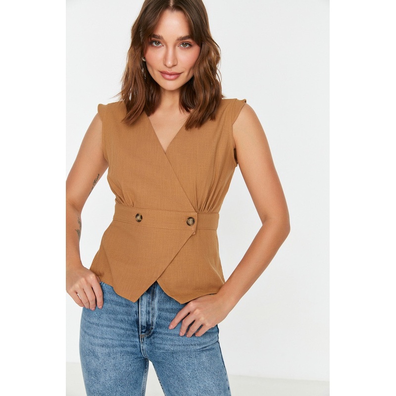 Woven Bone Button Detailed Double Breasted Blouse TWOSS20BZ0707