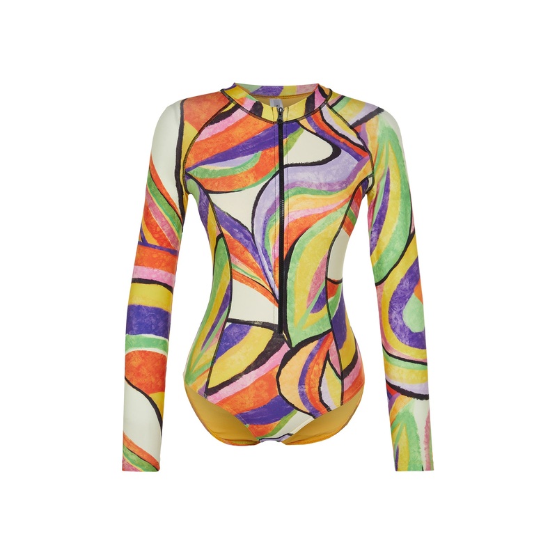 Animal Pattern Zipper Long Sleeve Surf Swimsuit Tbess21Ma0034