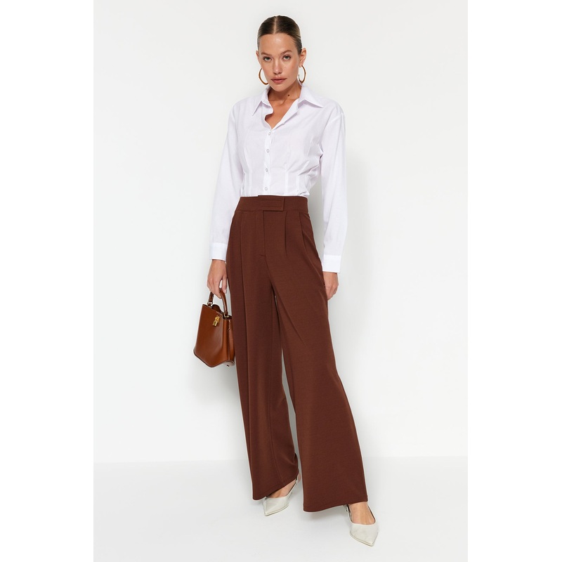 Brown With Velcro Belt High Waist Pleated Wide Leg Knitted Pants Twoaw24Pl00177
