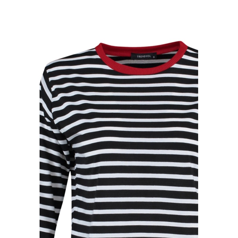 Collar Colored Ribbed Striped Basic Knitted T-Shirt Twoaw23Ts00026