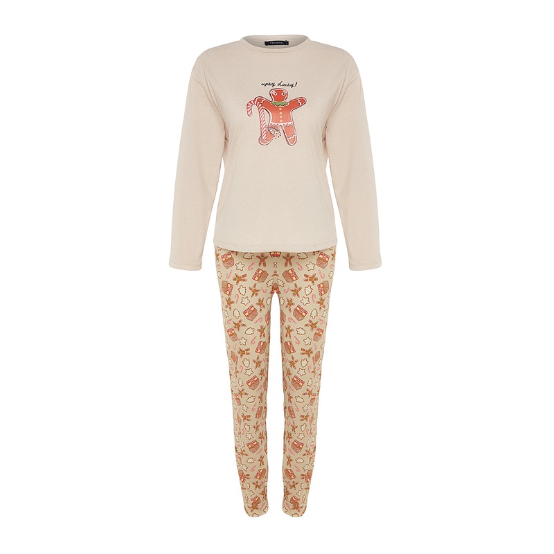 Cream 100% Cotton Christmas Theme T-shirt-Pants and Knitted Pajamas Set THMAW24PT00061