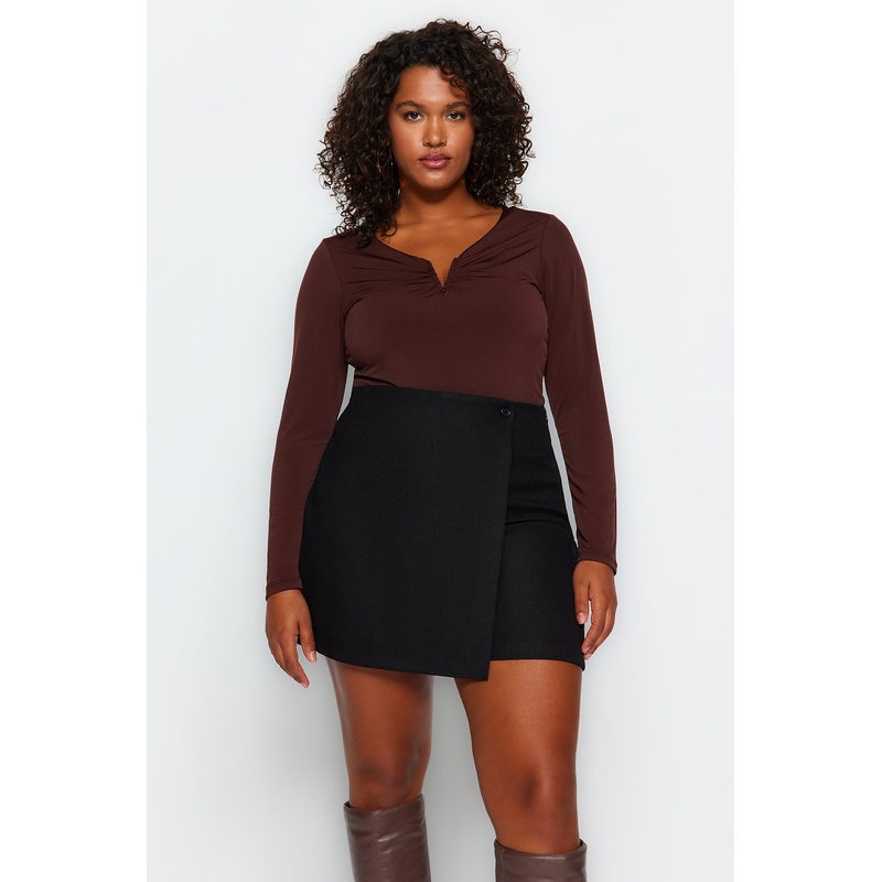 Curve Women's Black Straight Long Sleeve Fitted Plus Size Blouse