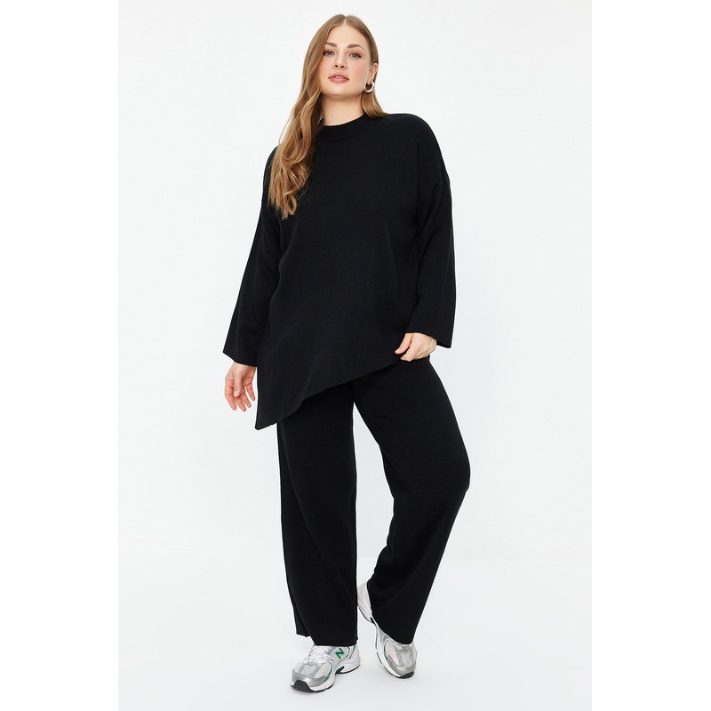 Curve Women's BLUE Straight Long Sleeve Casual/Casual Relaxed Plus Size Top and Bottom Set