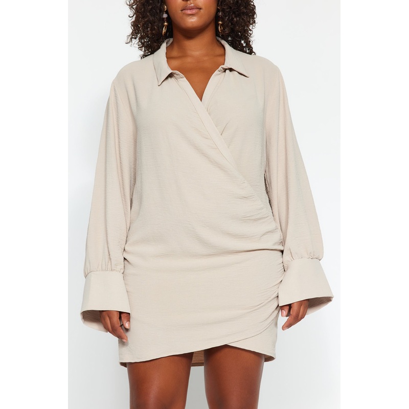 Curve Women's Ecru Straight Mini Long Sleeve Casual/casual Fitted Plus Size Dress