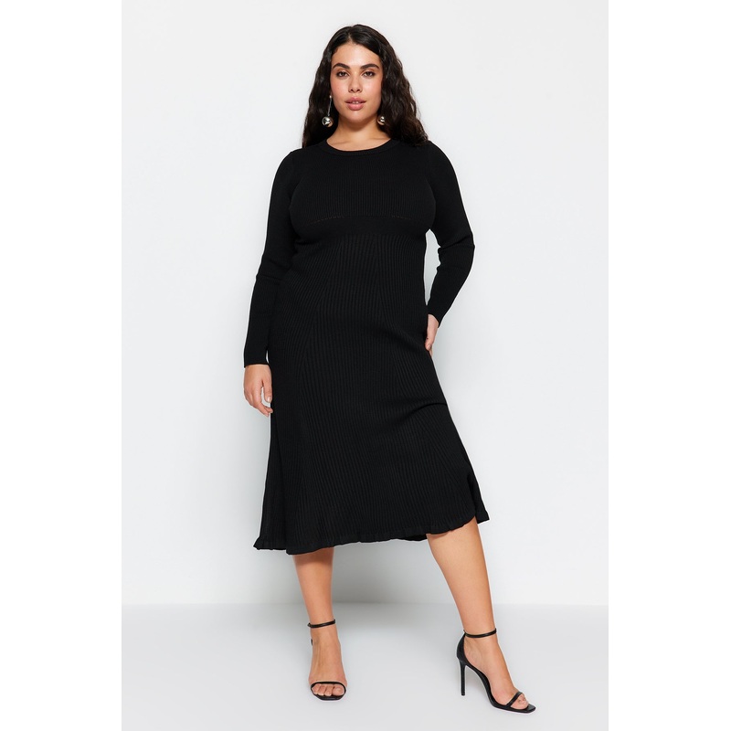 Curve Women's Plain Midi Long Sleeve Casual Fitted Plus Size Dress