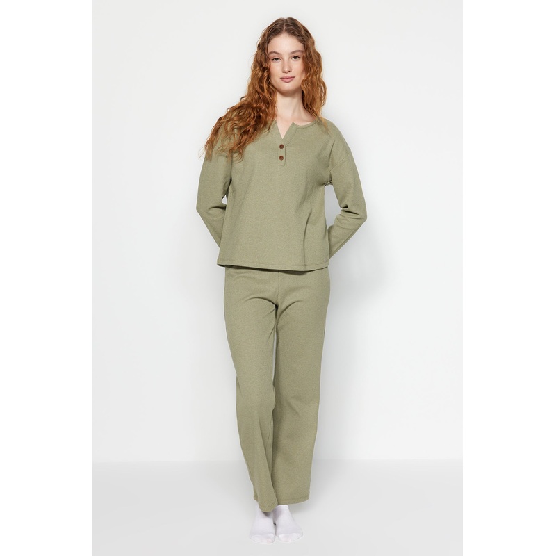Green 100% Cotton Waffle T-Shirt-Pants And Knitted Pajamas Set Thmaw24Pt00126