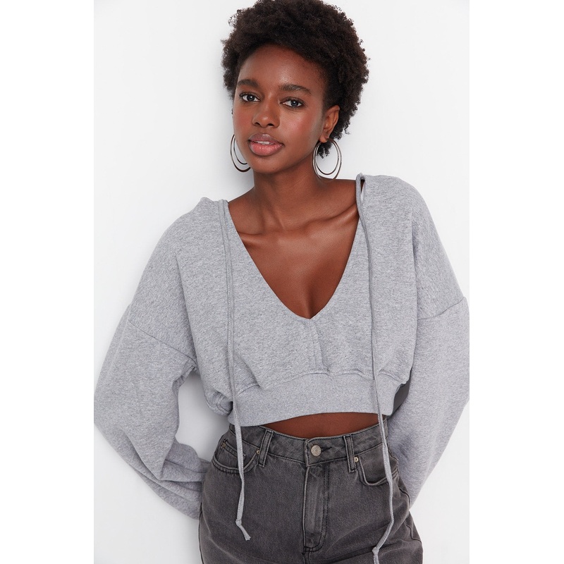 Hooded V Neck Crop Thick Fleece Knitted Sweatshirt TWOAW23SW00096