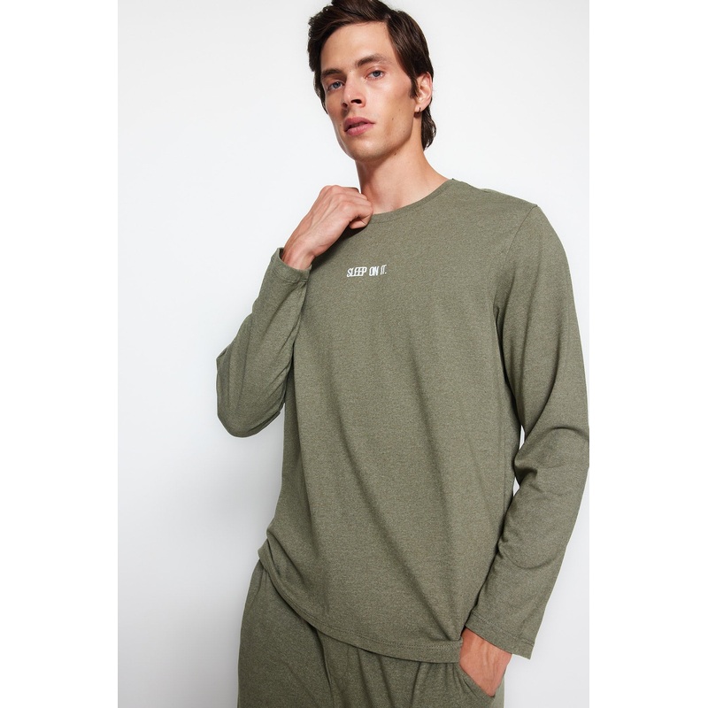 Man Men's Dark Blue Slogan Long Sleeve Homewear Regular Fit Pajama Set