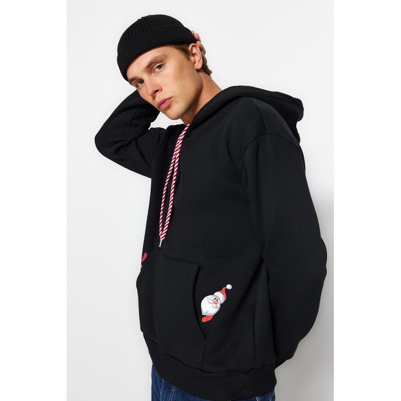 Man Men's Relaxed Fit Hoodie Printed Thick Christmas Themed Sweatshirt With Pockets Tmnaw23Sw00110