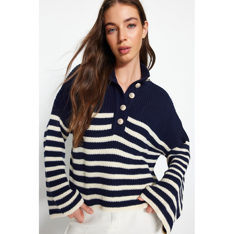 Navy Wide Fit Crew Neck Striped Knitwear Sweater Twoaw24Kz00165
