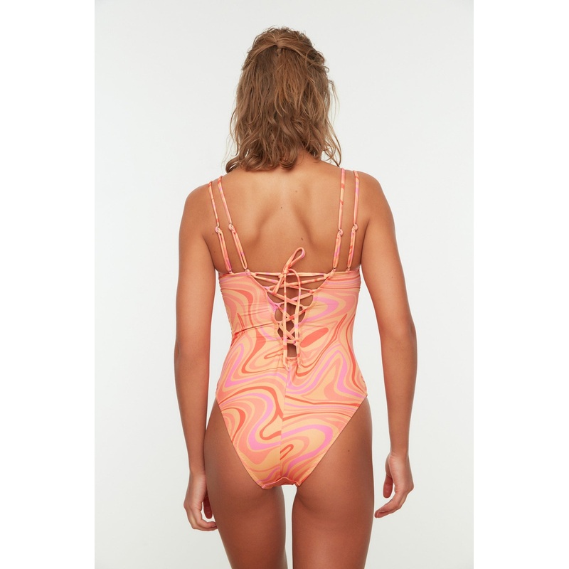 Orange Abstract Pattern Back Detailed Swimsuit TBESS22MA0173