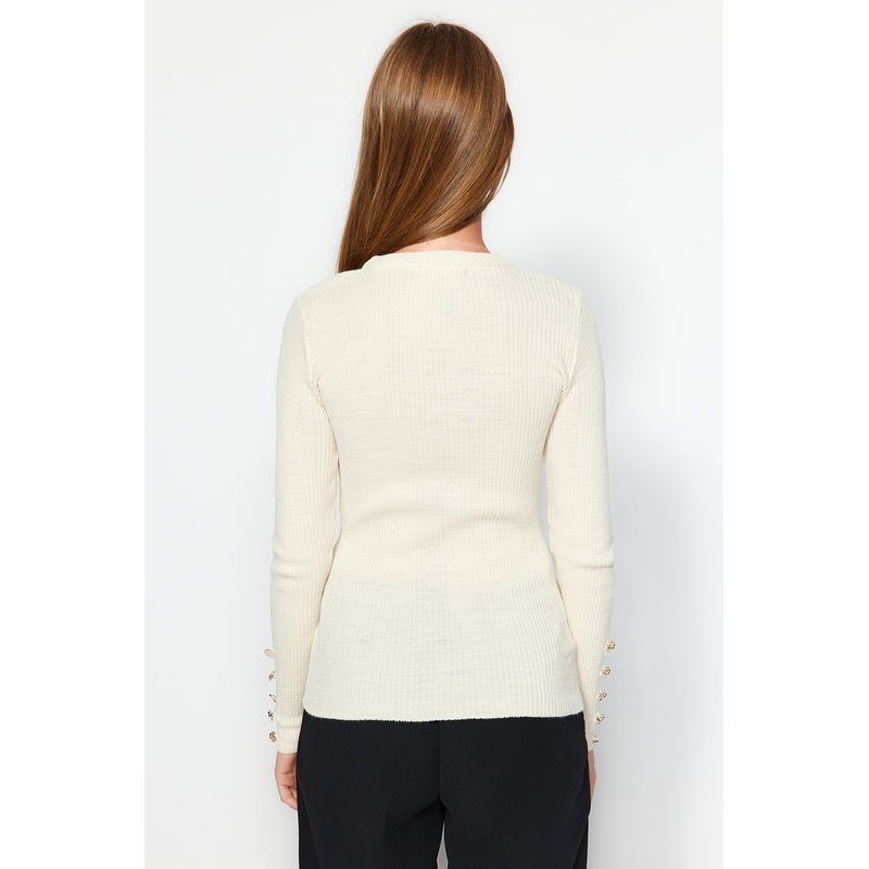 Women's Beige Straight Long Sleeve Fitted Sweater