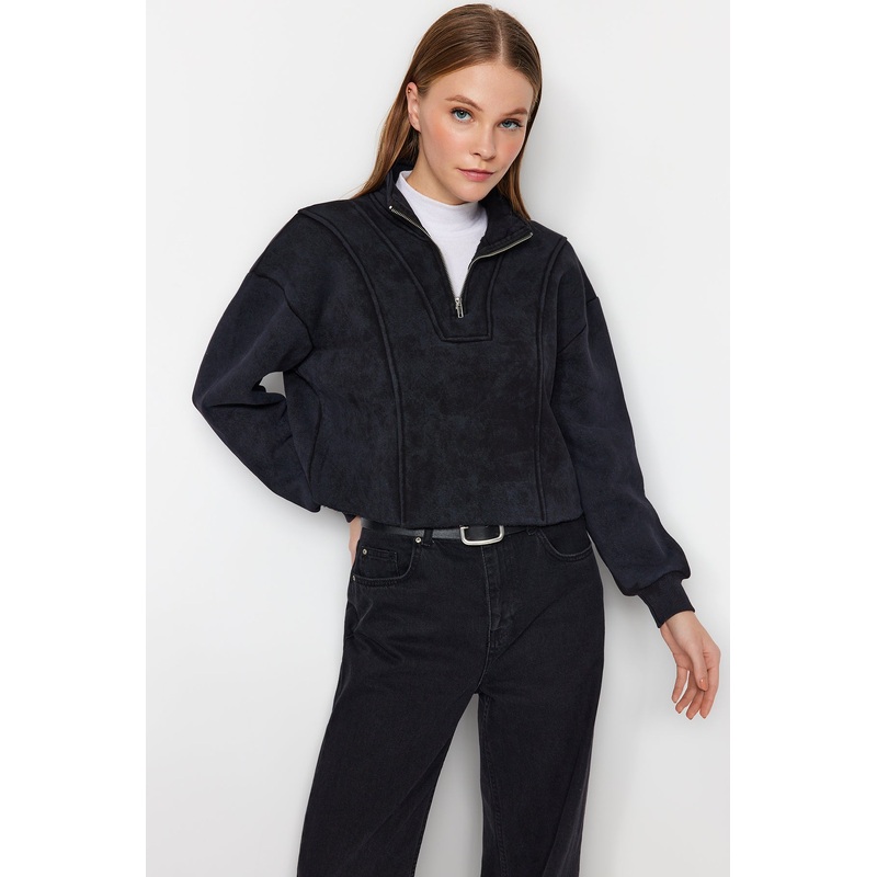 Women's Black Plain Long Sleeve Regular Sweatshirt