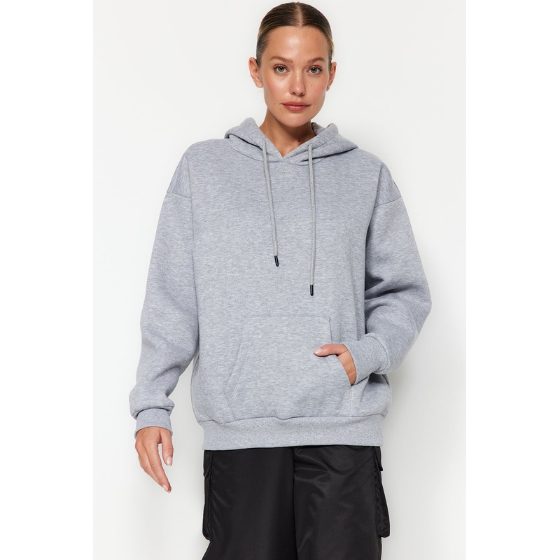 Women's Gray Straight Long Sleeve Oversized Sweatshirts