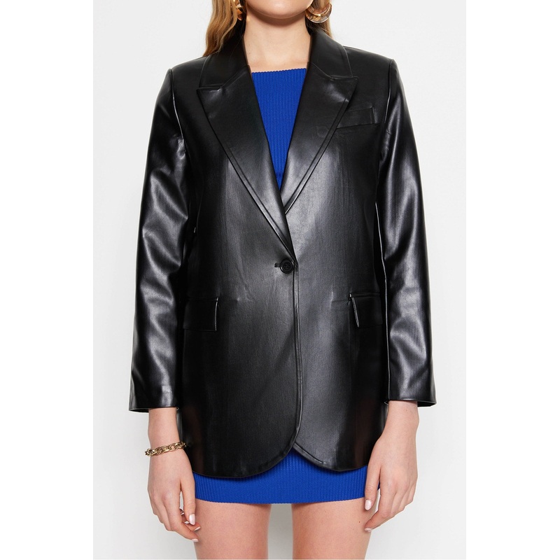 Woven Oversize High Quality Faux Leather Blazer Jacket TWOSS23BC00049