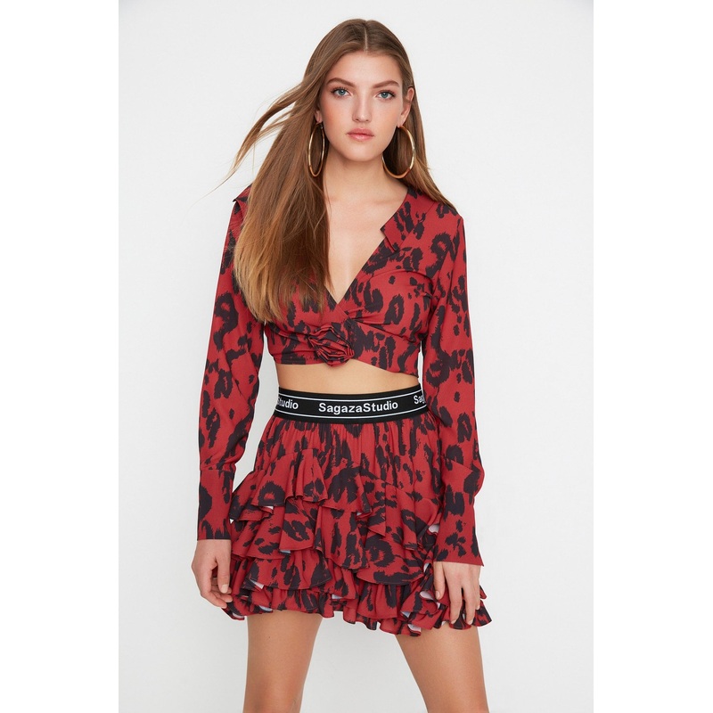 X Sagaza Studio Green Leopard Pattern Printed Chiffon Skirt Tprss22Et00003