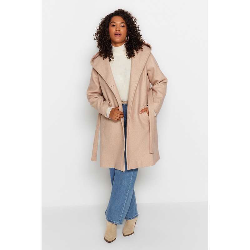 Curve Women's Beige Plain Long Sleeve Relaxed Fit Plus Size Coat