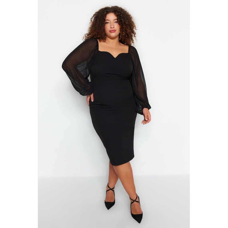 Curve Women's Black Straight Mini Long Sleeve Stylish / Night Fitted Plus Size Dress