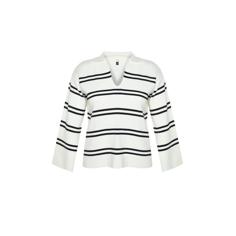 Curve Women's Dark Blue Striped Long Sleeve Relaxed Fit Plus Size Sweater