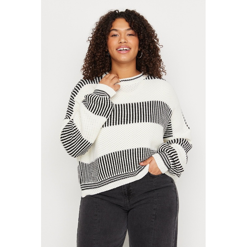 Curve Women's Ecru Striped Long Sleeve Relaxed Fit Plus Size Sweater