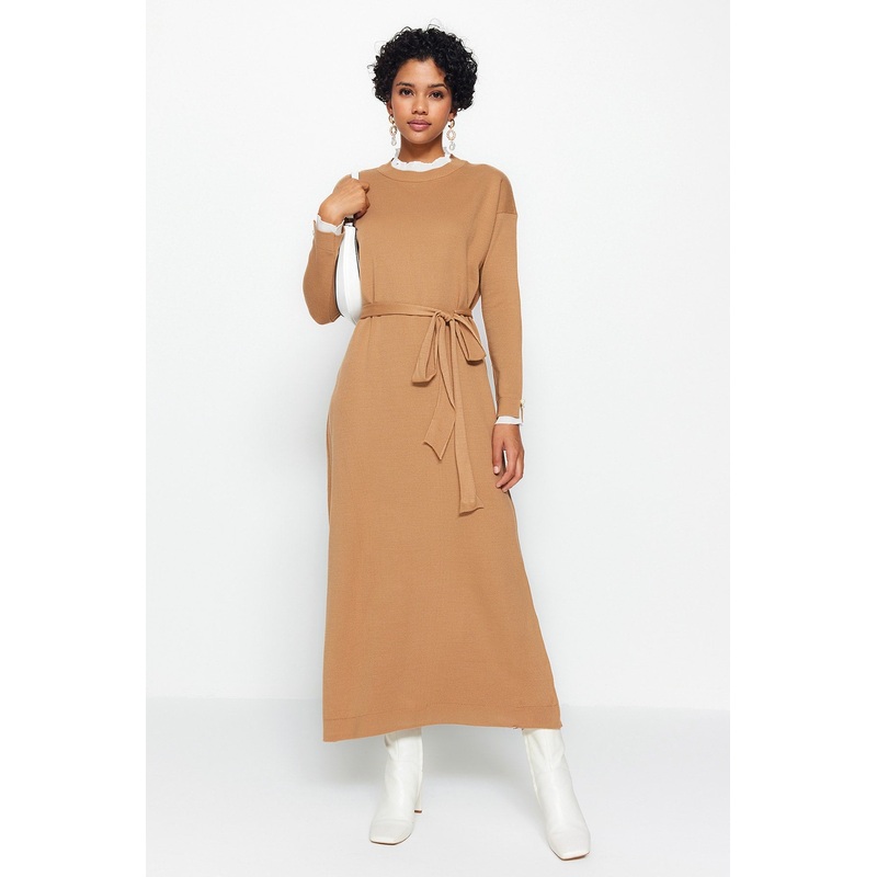Modest Women's Brown Plain Maxi Long Sleeve Casual Regular Fit Dress