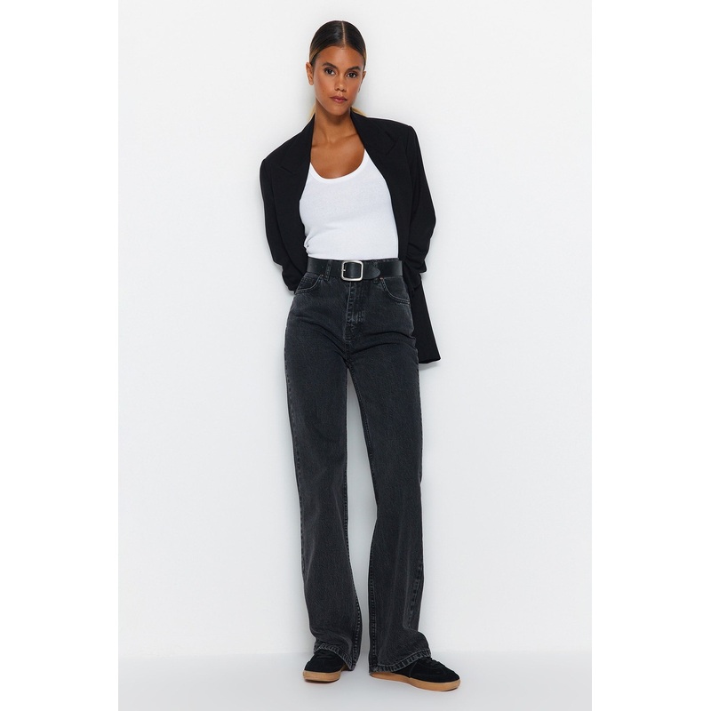 Women's Black Plain Wide Leg High Waist Jeans