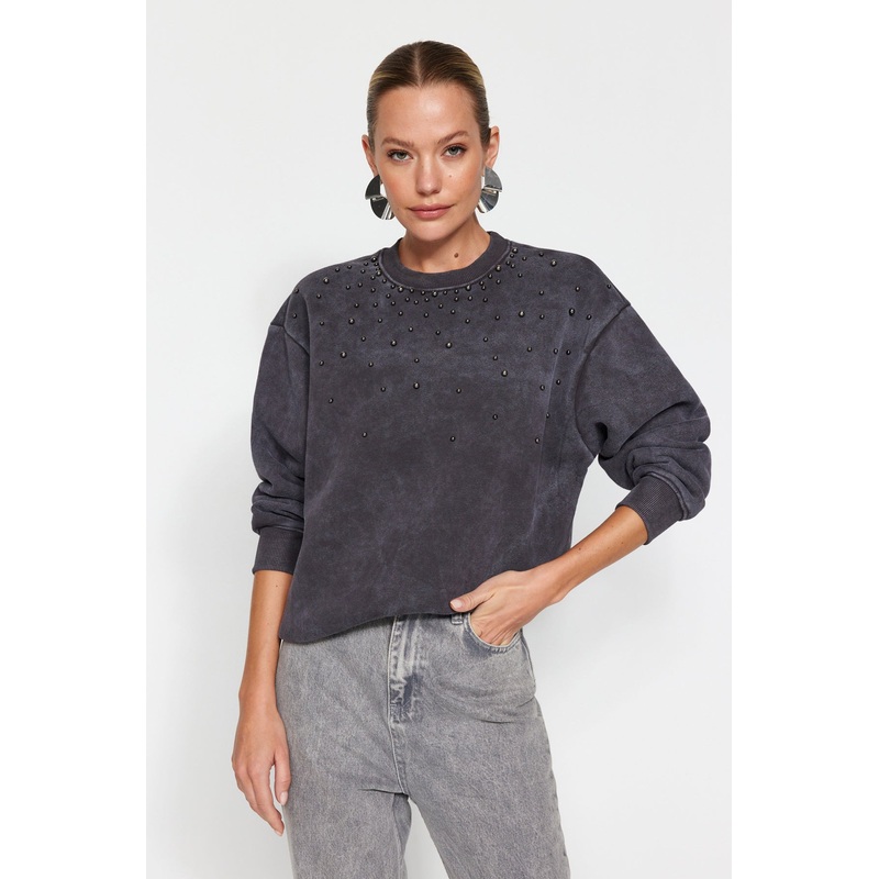 Women's black Straight Long Sleeve Regular Sweatshirts