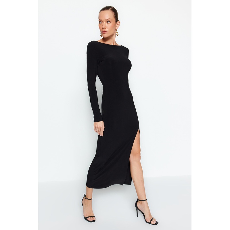 Women's Black Straight Maxi Long Sleeve Day / Night Slim Dress