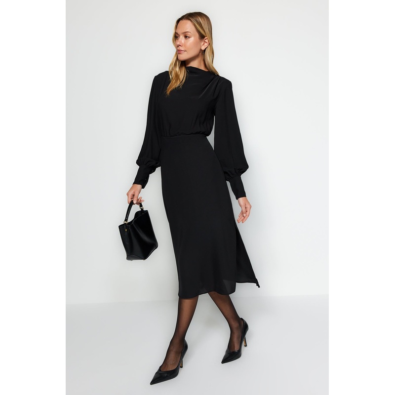 Women's Black Straight Midi Long Sleeve Business Regular Dress